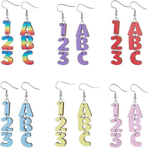6 Sets 6 Colors Wood Dangle Earrings with Iron Pins