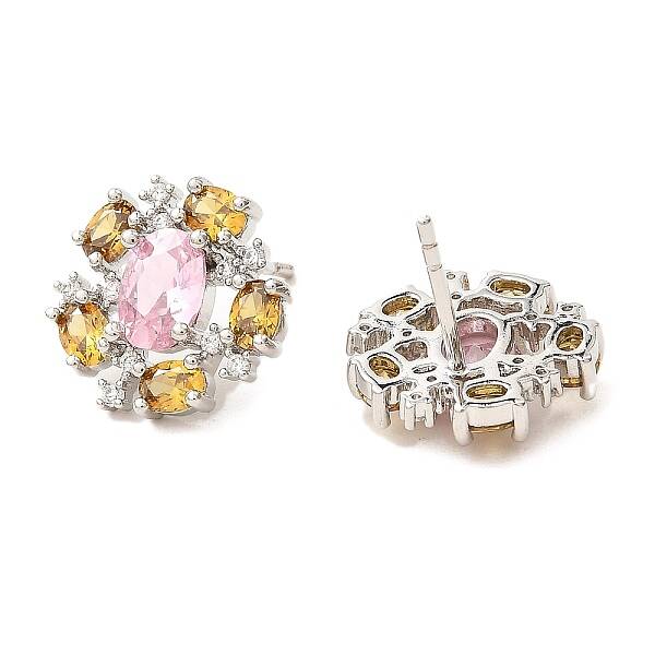 Flower Brass Micro Pave Cubic Zirconia Stud Earrings