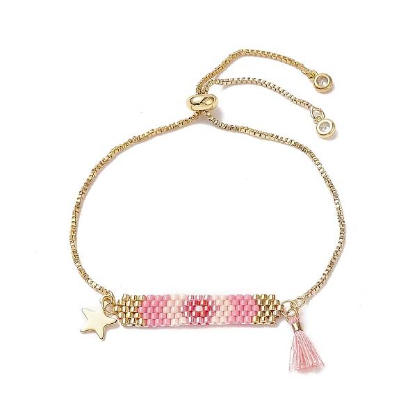 Handmade Japanese Seed Rectangle & Star & Tassel Charms Slider Bracelet