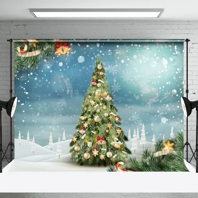 Aperturee Blue Snowflake Bell Pine Tree Christmas Backdrop - Aperturee
