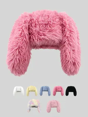 Cute Long Bunny Ear Plush Hat, Warm Ear Protection, Halloween Party Costume, Thickened Fisherman Cap, Fashion Street Accessor...