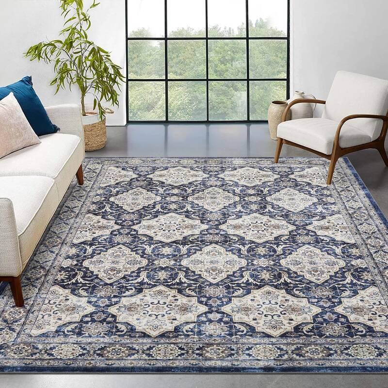 Garvee Persian Navy Blue 5x7 Washable Rugs - Non-Slip, Low Pile - Soft, Durable Fabric - Vintage Boho Distressed - Machine Wa...