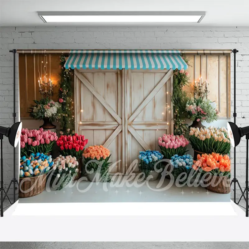 Wood Retro Door Colorful Tulip Cake Smash Backdrop - Aperturee