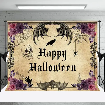 Vintage Floral Skull Bats Happy Halloween Backdrop - Aperturee