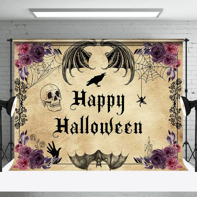 Vintage Floral Skull Bats Happy Halloween Backdrop - Aperturee