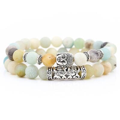 2Pcs 2 Style Natural Amazonite Stretch Bracelets Set with Alloy Buddha Head