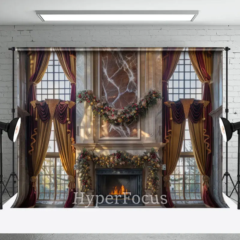 Red Yellow Curtain Fireplace Christmas Vibe Backdrop - Aperturee