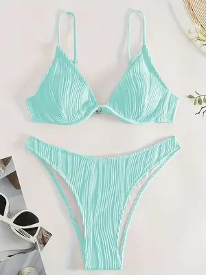 Women's Textured Bikinis Set, Adjustable Strap Swim Bra & High Cut Swim Bottom, Bathing Suits 2024 for Women Summer, Ladies S...