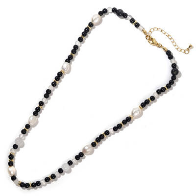 Round Natural Obsidian & Natural Freshwater Pearl & Brass Spacer Beaded Necklaces