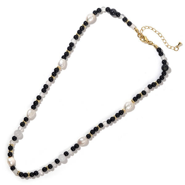 Round Natural Obsidian & Natural Freshwater Pearl & Brass Spacer Beaded Necklaces