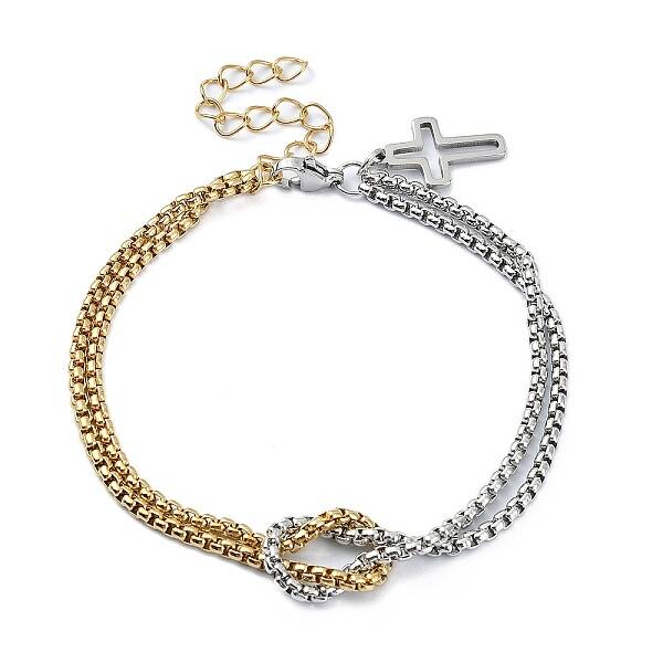 304 Stainless Steel Hollow Cross Charm Bracelet with Double Layer Box Chains