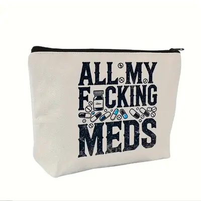 All My Meds Letter Pattern Canvas Makeup Bag, 1/6/16pcs Reusable Zipper Makeup Organizer, Travel and Makeup Pill Storage Bag,...
