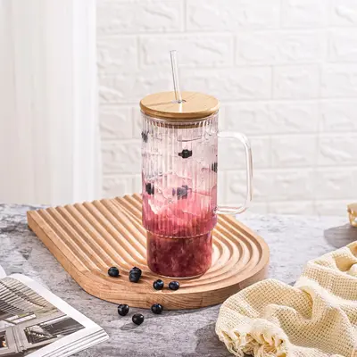 32oz Ribbed Glass Cup with Handle Bamboo & Glass Lid with Straw, Glass Tumbler, Iced Coffee Cups Hot/Cold Drinks, Bottles Hom...