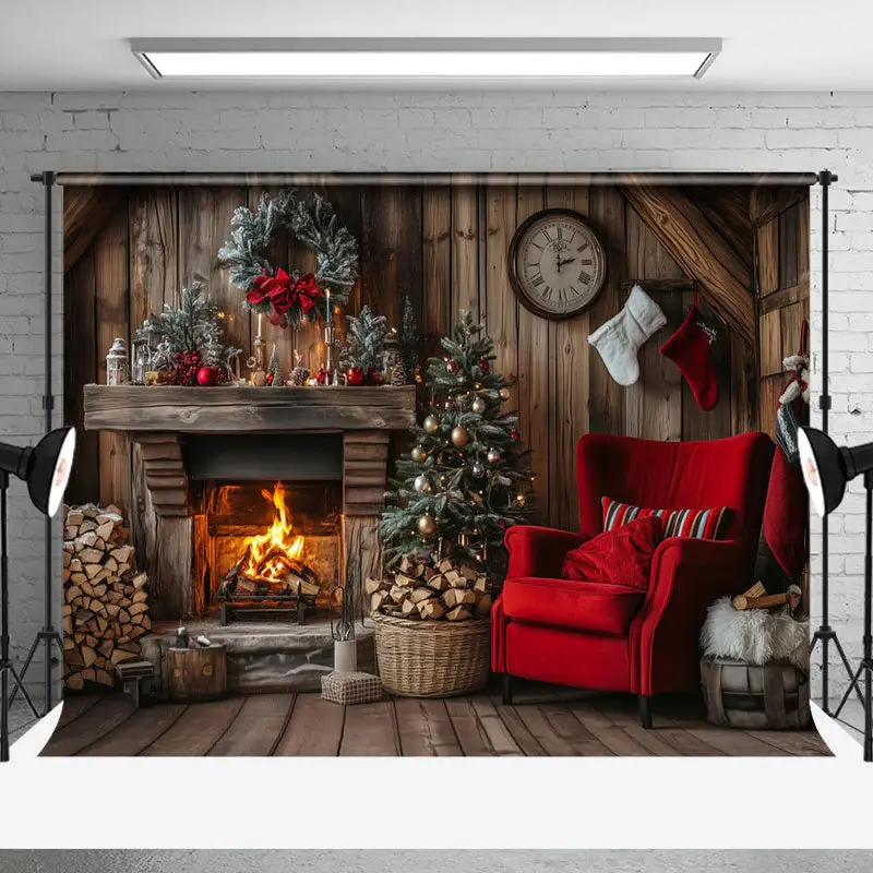Wooden Brown Fireplace Warm Christmas Scene Backdrop - Aperturee
