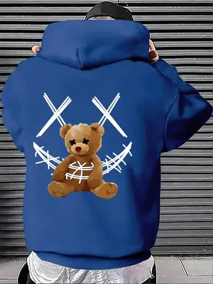 Men's Cartoon Bear Print Pocket Baggy Vintage Graphic Hoodies, Essential Drop Shoulder Hooded Sweatshirt, School Hoodies for ...