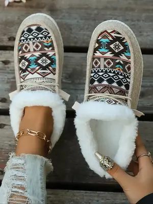 Women's Lace Up Low Top Colorblock Ethnic Pattern Sneakers, Casual Warm Sports Shoes for Winter, Female All-match Round Toe S...