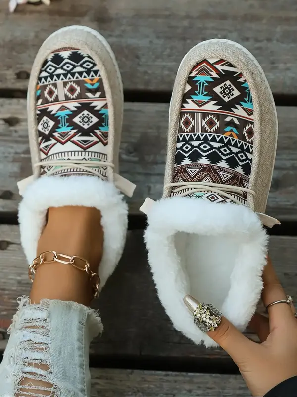 Women's Lace Up Low Top Colorblock Ethnic Pattern Sneakers, Casual Warm Sports Shoes for Winter, Female All-match Round Toe S...