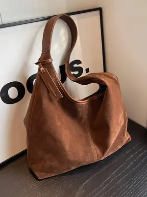 Women's Solid Color Suede Shoulder Bag, Fashionable Large Capacity Underarm Bag for Work & Daily Used, Casual Trendy Versatil...