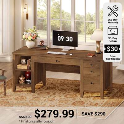 SEDETA 58 Inch Solid Pine Wood Computer Desk Executive Home Office Desk with 4 Wood Drawers and Storage Shelves for Work Stud...