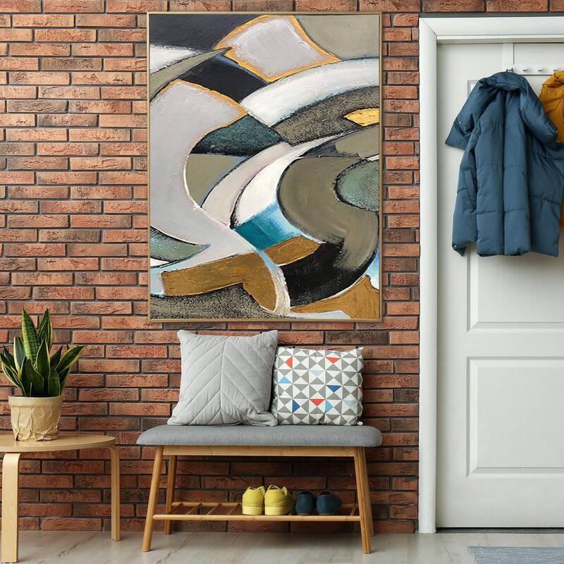 Large Textured Abstract Painting Modern Mosaic Art Cubism Painting Beige Artwork Classic Fine Art Wall Hanging Decor | GEOMET...
