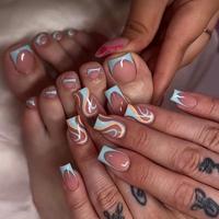 Colorblock French Line Pattern Fake Nails & Toenails with Nail File & Tape, 48pcs Removable False Nails for Women, Effortles...