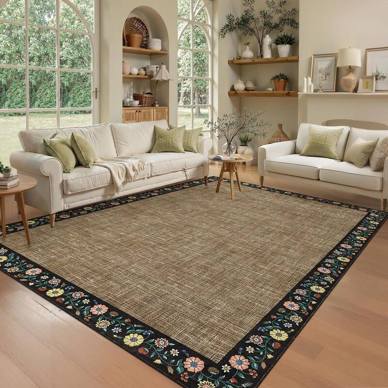Garvee Bordered Brown 10x13 Machine Washable Floral Area Rug Low Pile Soft Faux Wool TPR Backing Non-Slip Lightweight Foldabl...