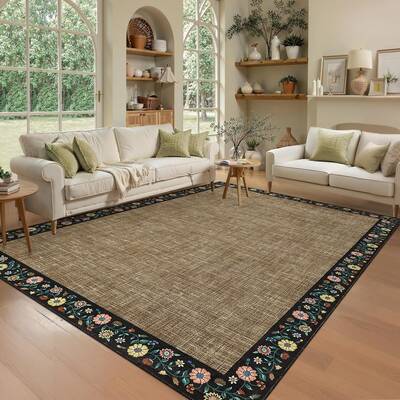 Garvee Bordered Brown 10x13 Machine Washable Floral Area Rug Low Pile Soft Faux Wool TPR Backing Non-Slip Lightweight Foldabl...