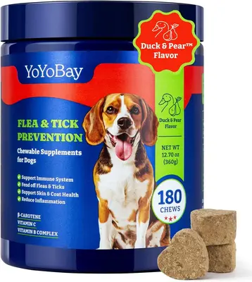 Flea and Tick Prevention for Dogs Chewable, 180 Soft Chews, Duck & Pear Flavor Soft Treat, YoYoBay Dog Fleas and Ticks Chewab...