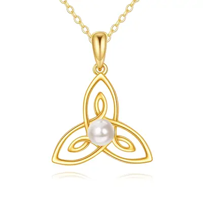 14K Gold Pearl Celtic Knot Pendant Necklace