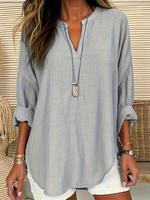 【Plus Size】 Solid Notched Neck Longsleeves Blouse, Women's Clothing, Minimalist Elegant Chic Comfortable Long Slee...