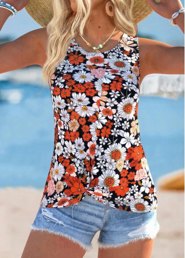 Modlily Multi Color Floral Print Tummy Coverage Sleeveless Tank Top - L