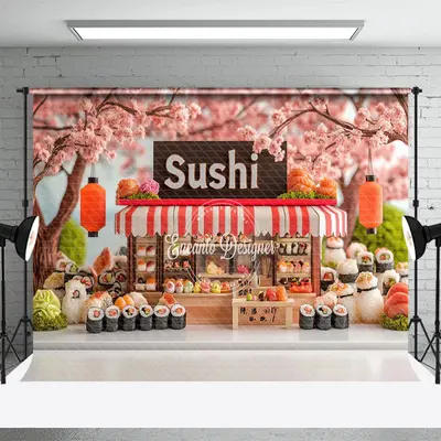 Aperturee Sakura Trees Cute Sushi Store Cake Smash Backdrop, 3X2FT(1MX0.6M), 14 USD, birthday cake smash backdrops, ENHD2J48-...