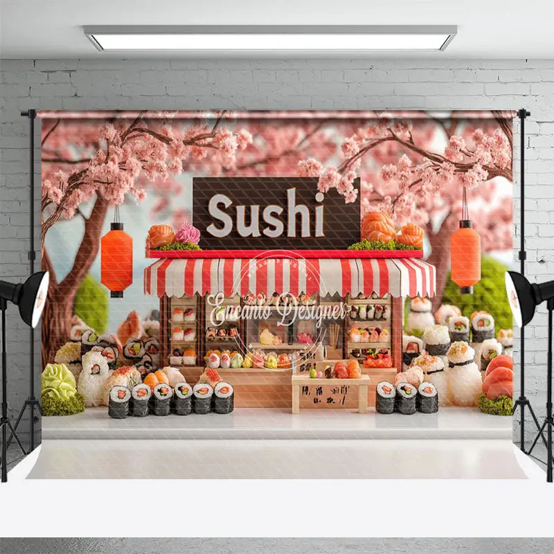 Aperturee Sakura Trees Cute Sushi Store Cake Smash Backdrop, 3X2FT(1MX0.6M), 14 USD, birthday cake smash backdrops, ENHD2J48-...