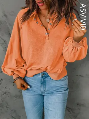 Women's Button Front Raglan Sleeve Sweatshirt, Casual Plain Long Sleeve Collared Pullover, Ladies' Clothes for Fall & Winter,...