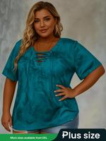 【Plus Size】 Tie Dye Print Lace Up Tee, Casual Short Sleeve T-shirt for Summer, Women's Plus Clothing for Daily Wear, Wome...
