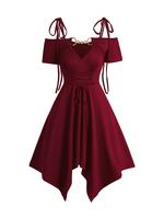2025 Women's Gothic Dresses Cold Shoulder Lace Up Asymmetric Dress Tie Knot Shoulder Chain Solid Color Short Sleeve Summer Dr...