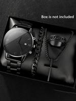 Men's Fashion Watch & Jewelry Set, Including Round Dial Analog Quartz Watch & Chain Bracelet & Pendant Necklace & Ring