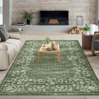 Garvee Washable Rug 5x7 Modern Floral Border Stain Resistant Non-Slip Backing Low Pile Soft Touch Indoor Living Room Bedroom ...