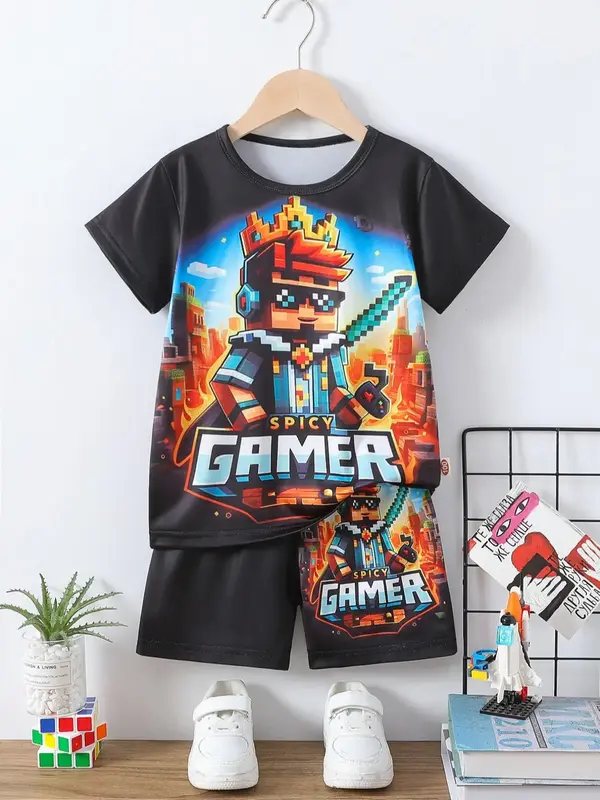 Two-Piece Set Boy's Game Console Print Short Sleeve Tee & Elastic Waist Shorts, Casual Round Neck T-shirt & Shorts, Kids Summ...
