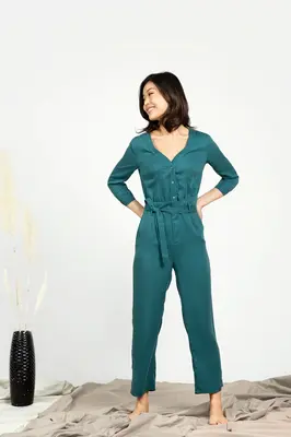 V-neck Jumpsuit - Emerald | Size: S