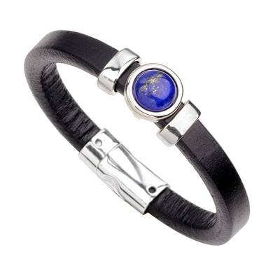 Natural Lapis Lazuli Flat Round Link Bracelet with Imitetion Leather Cords and Metal Magnetic Clasps