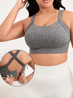 【Plus Size】 Solid Criss Cross Hook and Eye Sports Bra, Breathable Comfortable High Stretch Workout Bras for Yoga Gym Work...