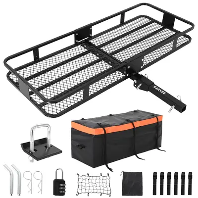 Garvee 70x30x6 Heavy-Duty Folding Hitch Cargo Carrier 600 lbs Capacity Ratchet Straps Waterproof Bag Integrated Lock Refle...