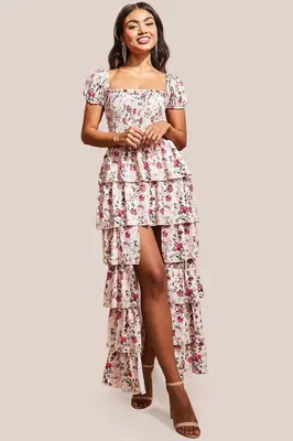 Goddiva Layered Dipped Hem Floral Maxi - Beige
