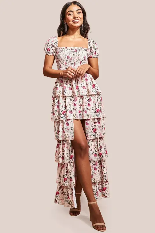 Goddiva Layered Dipped Hem Floral Maxi - Beige