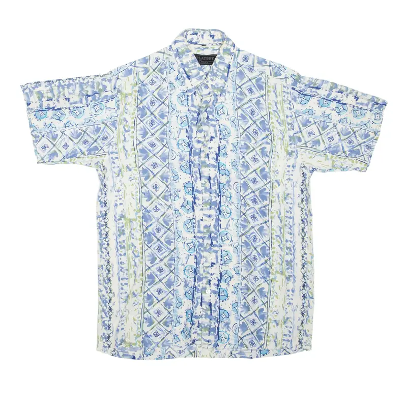 PLAYBOY Hawaiian Shirt Blue Striped Short Sleeve Mens S