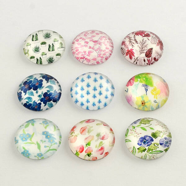 Half Round/Dome Floral Pattern Glass Flatback Cabochons for DIY Projects