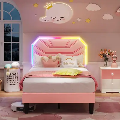 LIKIMIO Bed Frames with Lighted Headboard, Upholstered Modern Cama Platform Bed with Heavy Duty Supports, No Box Spring Need,...