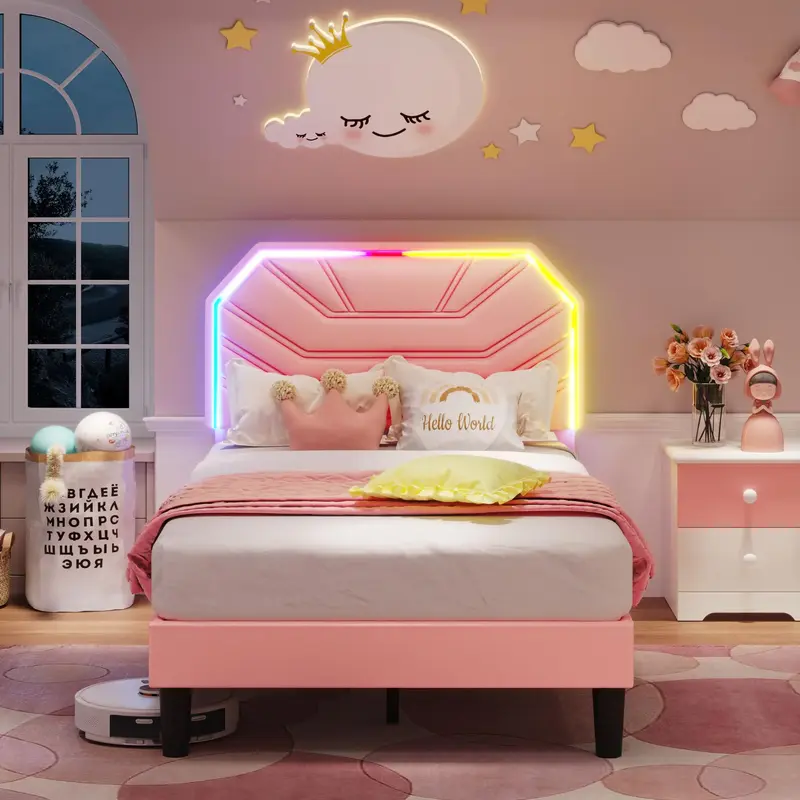 LIKIMIO Bed Frames with Lighted Headboard, Upholstered Modern Cama Platform Bed with Heavy Duty Supports, No Box Spring Need,...