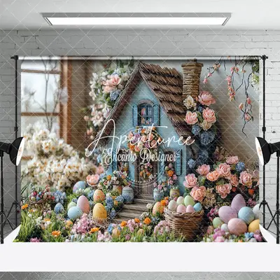 Aperturee Spring Colorful Floral Egg Blue Hosue Easter Backdrop, 3X2FT(1MX0.6M), 14 USD, easter backdrops, ENHD3J47-M